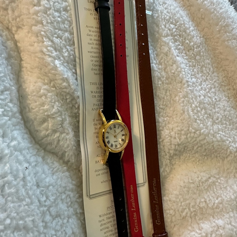 Avon Gold Case Watch with Black and Brown Straps-VINTAGE